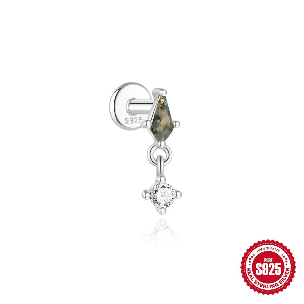 CANNER 1Pc 925 Silver Simple Horse Eye Natural Water Grass Round Surface Stud Earrings For Women 18K Gold Green Moss Ins Jewelry💚