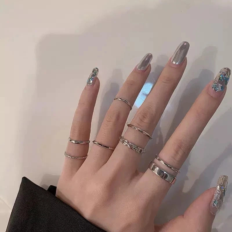 Fashion 7Pcs Set Punk Simple Rings for Women Silver Color Geometric Vintage Joint Hiphop Finger Ring Jewelry Niche Design Rings💖
