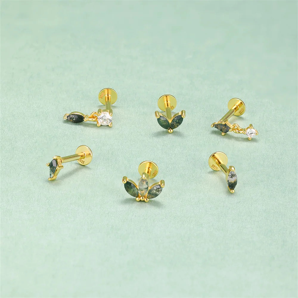 CANNER 1Pc 925 Silver Simple Horse Eye Natural Water Grass Round Surface Stud Earrings For Women 18K Gold Green Moss Ins Jewelry💚