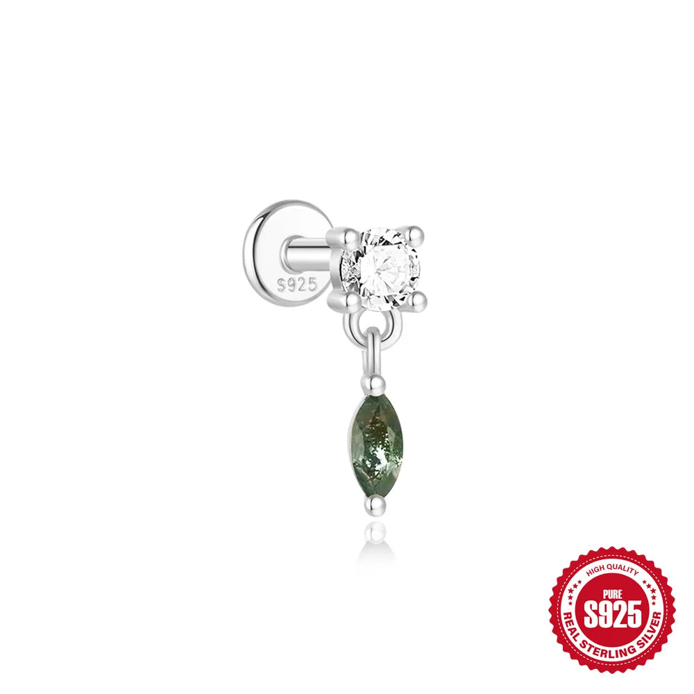 CANNER 1Pc 925 Silver Simple Horse Eye Natural Water Grass Round Surface Stud Earrings For Women 18K Gold Green Moss Ins Jewelry💚