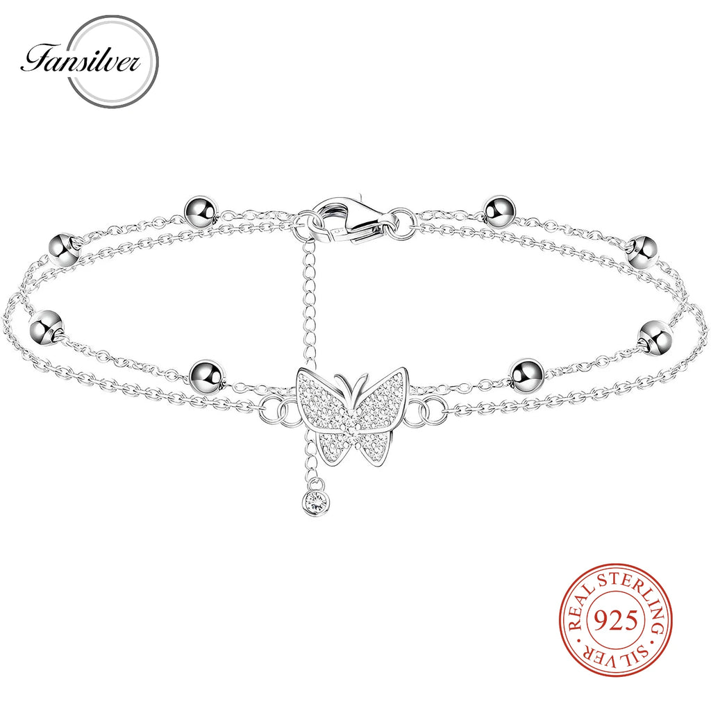 925 Sterling Silver Layered Ankle Bracelet for Women Chain Butterfly Heart Beaded Silver Anklet Adjustable Summer Beach Anklet♥️
