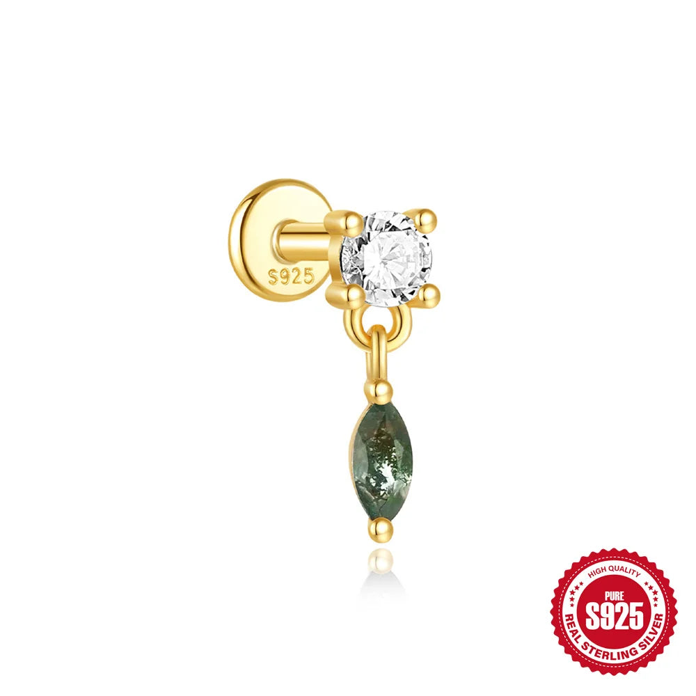 CANNER 1Pc 925 Silver Simple Horse Eye Natural Water Grass Round Surface Stud Earrings For Women 18K Gold Green Moss Ins Jewelry💚