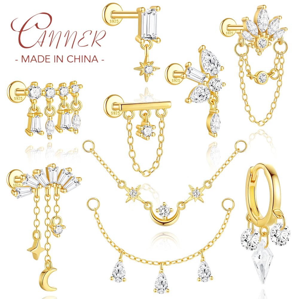 CANNER 1PC 925 Sterling Silver Tassel Chain Eight Pointed Stars Moon Earrings For Women Ins Horse Eye Geometric Zircon Earring♥️