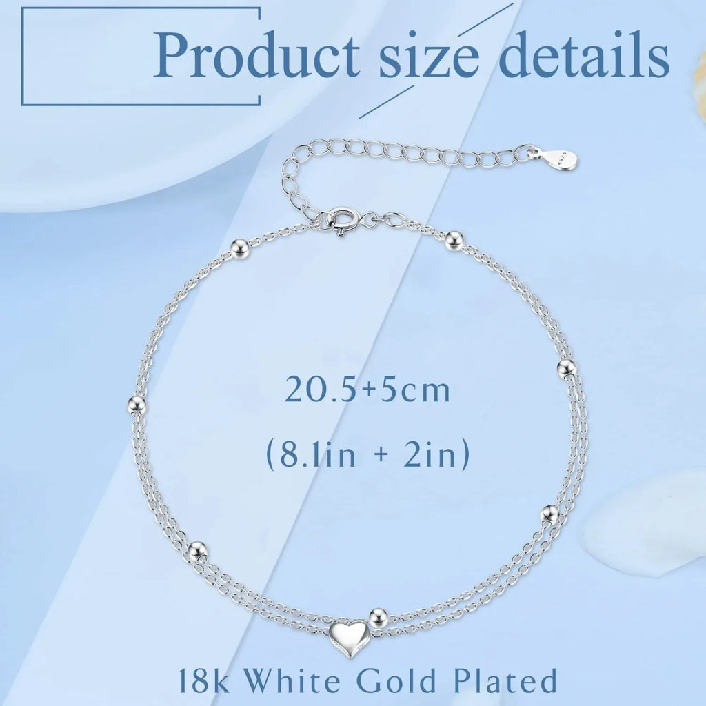 925 Sterling Silver Layered Ankle Bracelet for Women Chain Butterfly Heart Beaded Silver Anklet Adjustable Summer Beach Anklet