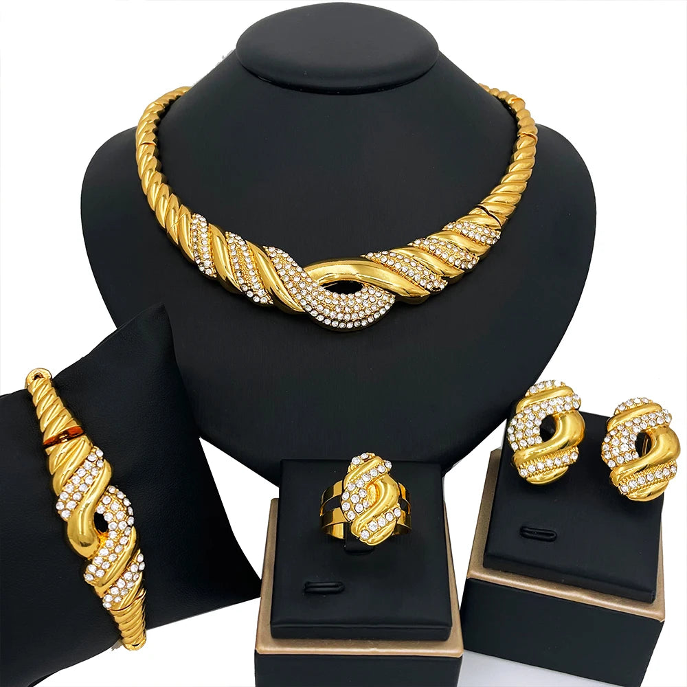 YTJX 4 Pcs Wedding Jewelry Set Fine Zircon Necklace Bracelet Earring Ring For African Dubai Gold Plated Jewellery Accessories❤️