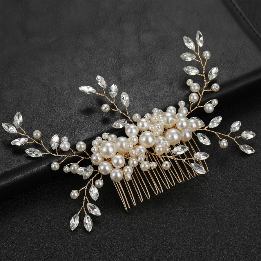 New pearl Crystal Rhinestone Hair Combs Rose Gold Silver Color Headpiece For Bride Women Wedding Hair Accessories Head Jewelry