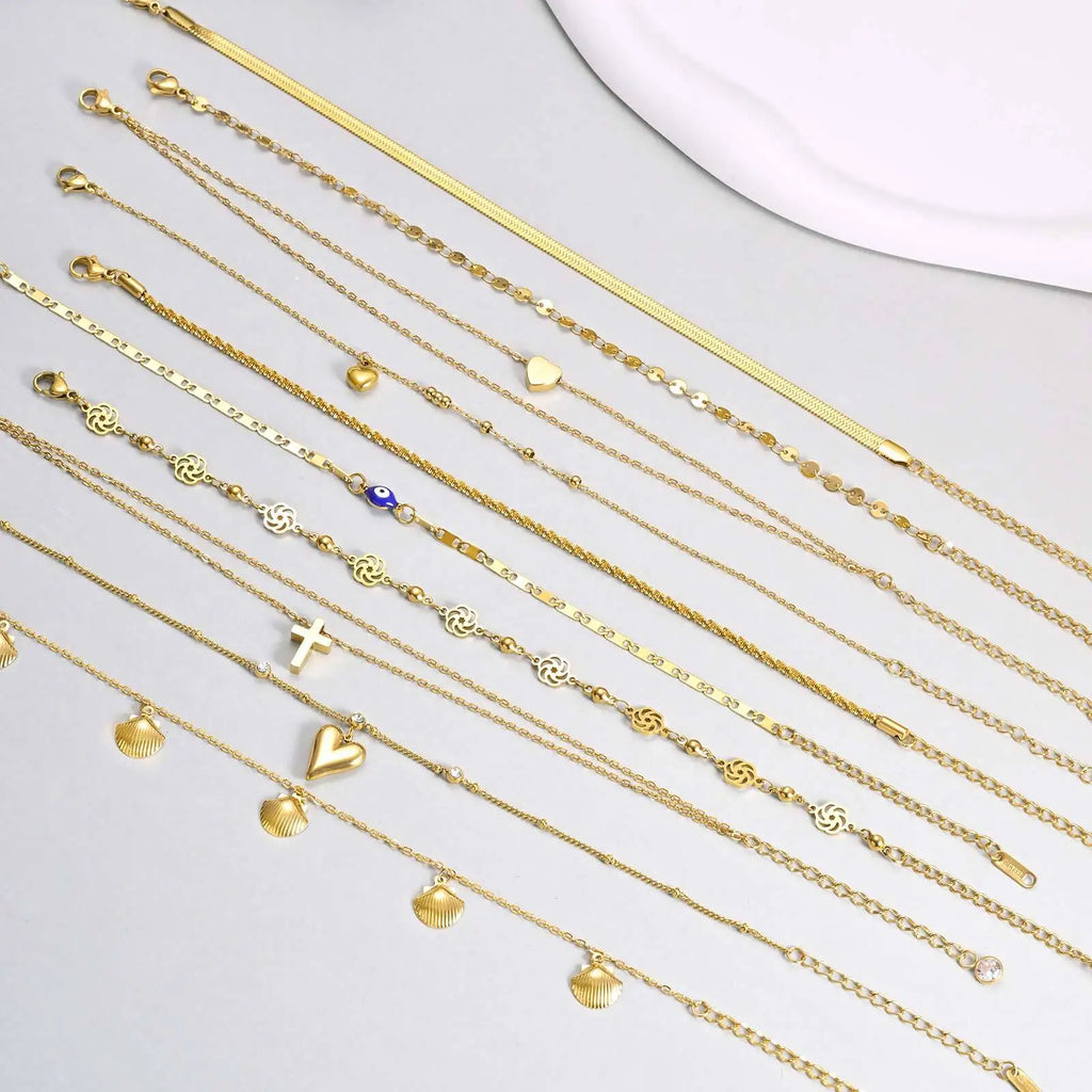 Stainless Steel Anklets Bracelet for Women, Flower Heart Seashell Charms Layered Anklets, Waterproof Gold Plated Anklet❤️