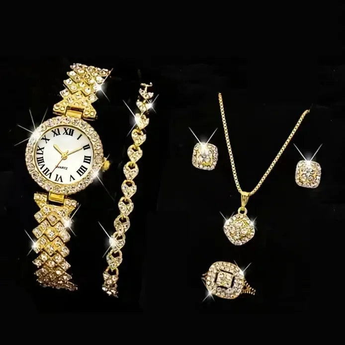 Fashion Luxury Full Crystal 5 Pcs Watch  Necklace Earrings  Ring  Set for Women Rhinestone  Wristwatch Female Bracelet Set Gift💘