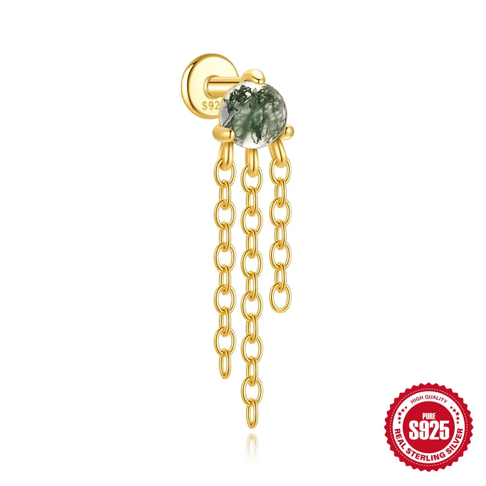 CANNER 1Pc 925 Silver Simple Horse Eye Natural Water Grass Round Surface Stud Earrings For Women 18K Gold Green Moss Ins Jewelry💚