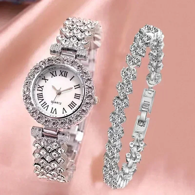 Fashion Luxury Full Crystal 5 Pcs Watch  Necklace Earrings  Ring  Set for Women Rhinestone  Wristwatch Female Bracelet Set Gift💘