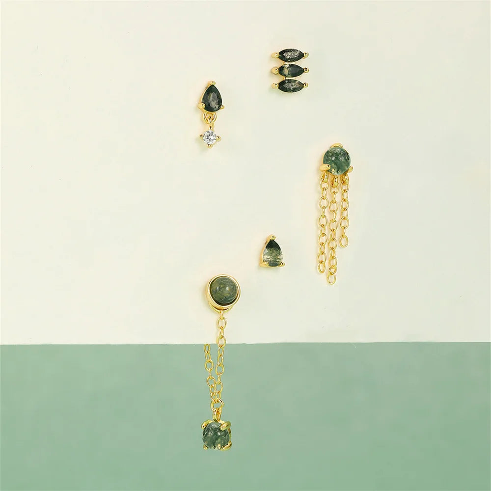 CANNER 1Pc 925 Silver Simple Horse Eye Natural Water Grass Round Surface Stud Earrings For Women 18K Gold Green Moss Ins Jewelry💚