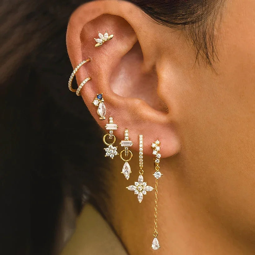 8pcs set Stainless Steel Water Drop Hoop Earrings For Women Cubic Zirconia Flowers Circle Cartilage Earring Piercing Jewelry☺️❤️