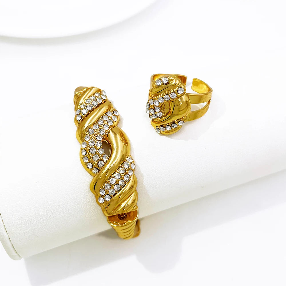 YTJX 4 Pcs Wedding Jewelry Set Fine Zircon Necklace Bracelet Earring Ring For African Dubai Gold Plated Jewellery Accessories❤️