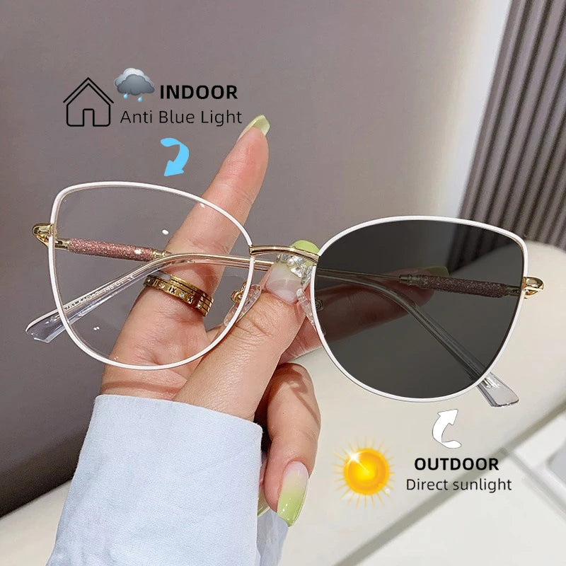 New Fashion Brand Design Cat Eye Photochromism Prescription Reading Glasses Women Anti Blue Light Frame Clear Hyperopia Eyewear♥️