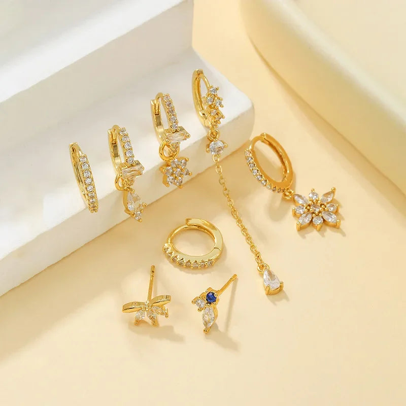 8pcs set Stainless Steel Water Drop Hoop Earrings For Women Cubic Zirconia Flowers Circle Cartilage Earring Piercing Jewelry☺️❤️