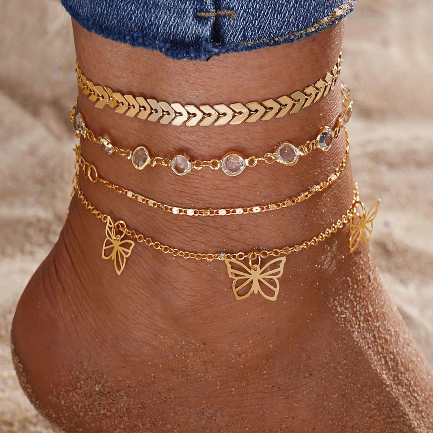 Gold Color Vintage Butterfly Anklet Set For Women Multilayers Adjustable Love Anklet Bracelet On Leg Foot Beach Jewelry