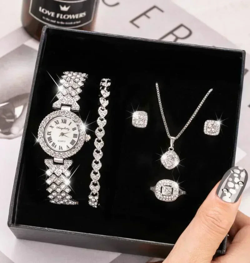 Fashion Luxury Full Crystal 5 Pcs Watch  Necklace Earrings  Ring  Set for Women Rhinestone  Wristwatch Female Bracelet Set Gift💘