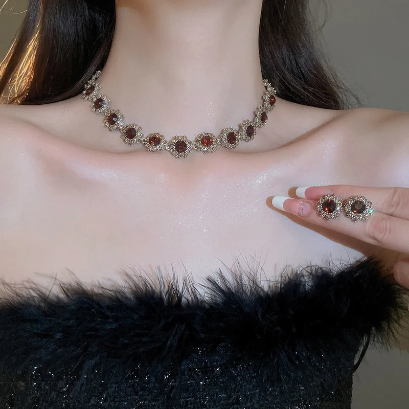 Purple Rhinestone Necklace Earrings Bracelet Set for Women Shiny Flower Choker Necklace  Luxury Wedding Bridal Jewelry Sets🌸