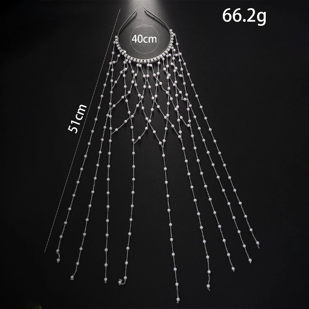 Elegant Imitation Pearl Tassel Headband Tiara Women Wig Jewelry 2025 Hollow Mesh Bridal Hair Chain Headpiece Wedding Accessories