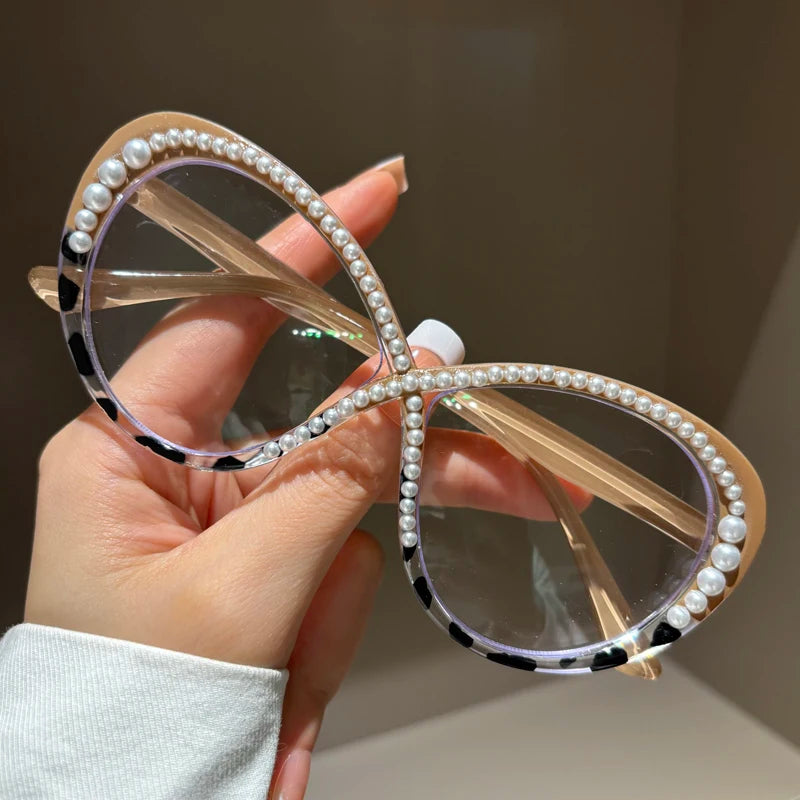 High Quality Luxury Pearl Reading Glasses Women Large frame Elegant Anti Blue Light Fashion Prescription Glasses♥️
