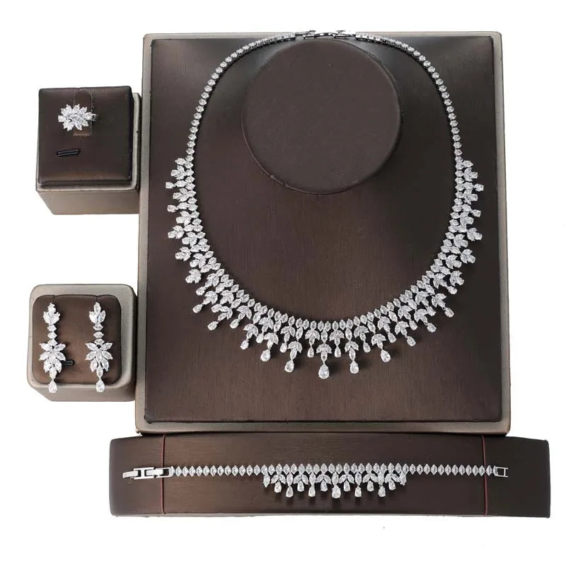 Jewelry Set HADIYANA Cubic Zirconia Women Water-drop Jewelry Set BN8593 Necklace Bracelet Earrings And Ring Birthday Gift💕