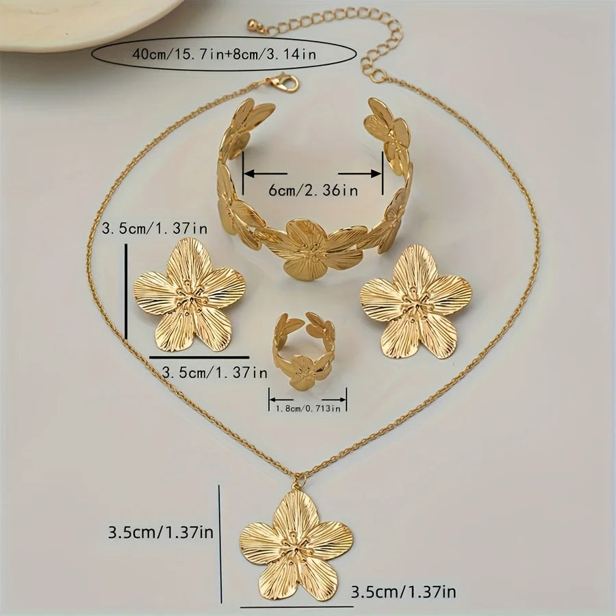 5pcs Elegant Golden-Tone Floral Jewelry Set - Vintage Style, Includes Necklace, Bracelet, Ring,and Earrings Ideal for Daily Wear🧡