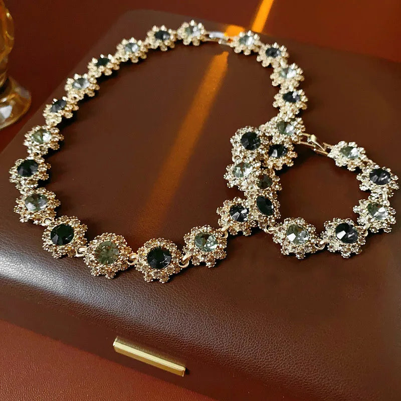 Purple Rhinestone Necklace Earrings Bracelet Set for Women Shiny Flower Choker Necklace  Luxury Wedding Bridal Jewelry Sets🌸