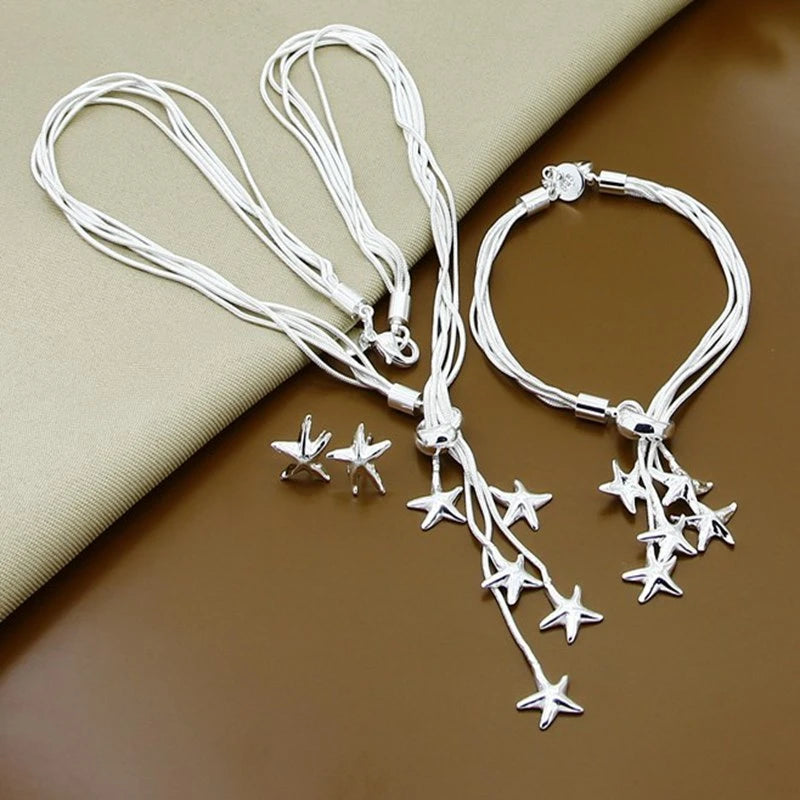 925 Sterling Silver Starfish Snake Chain Necklace Bracelet Earring Set For Woman Wedding Fashion Charm Jewelry🙈