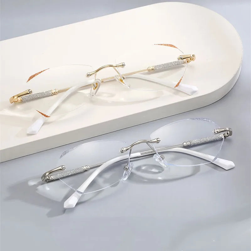 Diamond Trimmed Rimless Reading Glasses Women High Quality Fashion Light Luxury Anti-blue light Presbyopic Lady Eyeglasses♥️