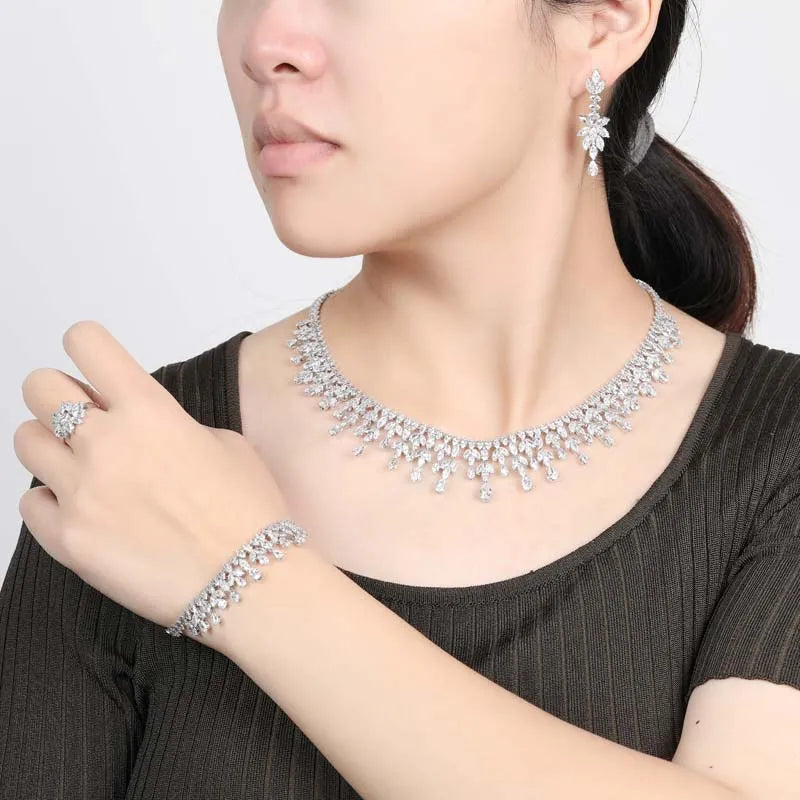 Jewelry Set HADIYANA Cubic Zirconia Women Water-drop Jewelry Set BN8593 Necklace Bracelet Earrings And Ring Birthday Gift💕