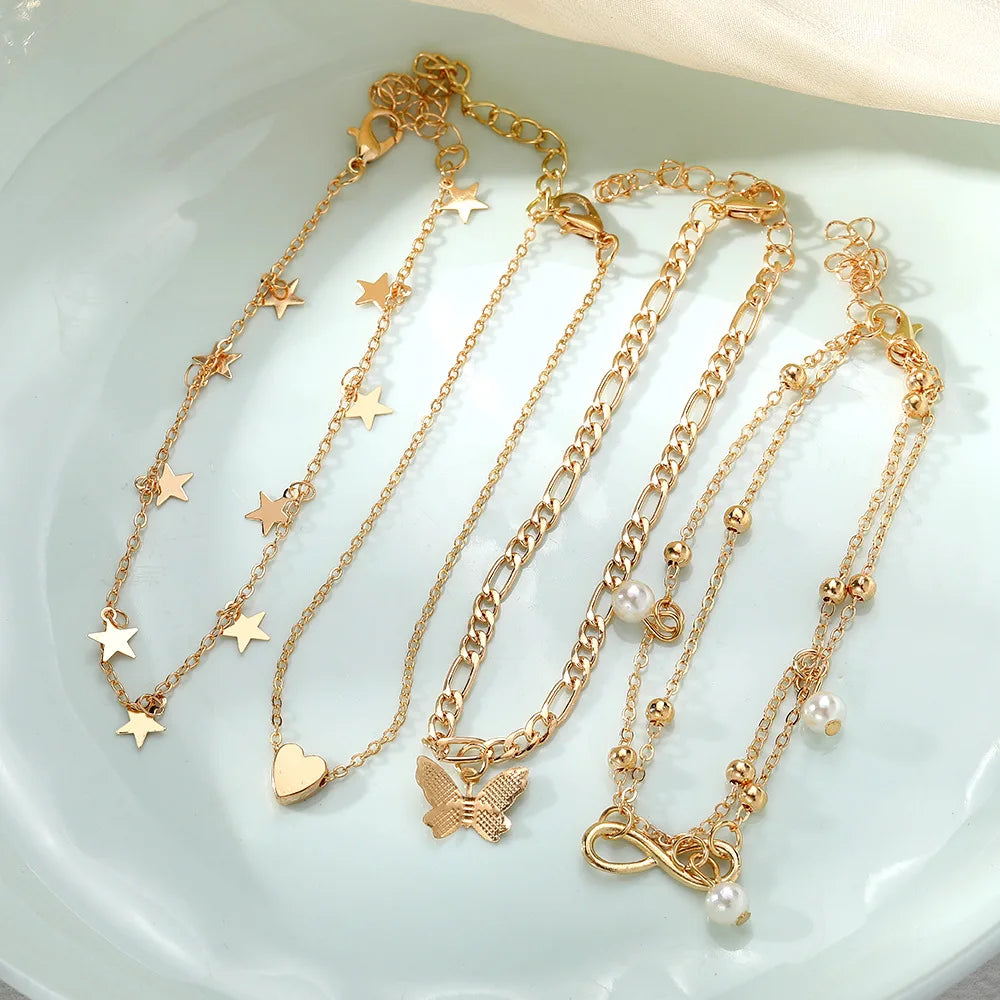 Gold Color Vintage Butterfly Anklet Set For Women Multilayers Adjustable Love Anklet Bracelet On Leg Foot Beach Jewelry