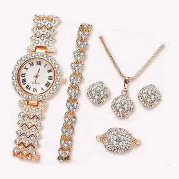 Fashion Luxury Full Crystal 5 Pcs Watch  Necklace Earrings  Ring  Set for Women Rhinestone  Wristwatch Female Bracelet Set Gift💘