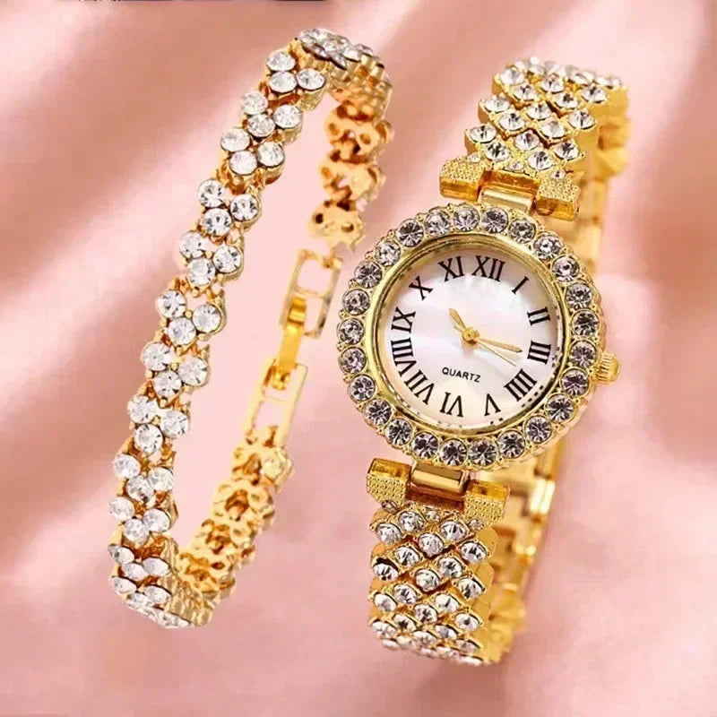 Fashion Luxury Full Crystal 5 Pcs Watch  Necklace Earrings  Ring  Set for Women Rhinestone  Wristwatch Female Bracelet Set Gift💘