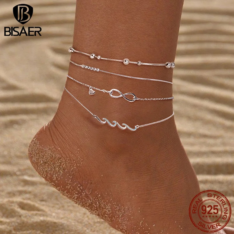 BISAER 925 Sterling Silver Round Beads Anklets,Waterproof Hypoallergenic Infinite Love Chain For Women Fine Jewelry Holiday Gift