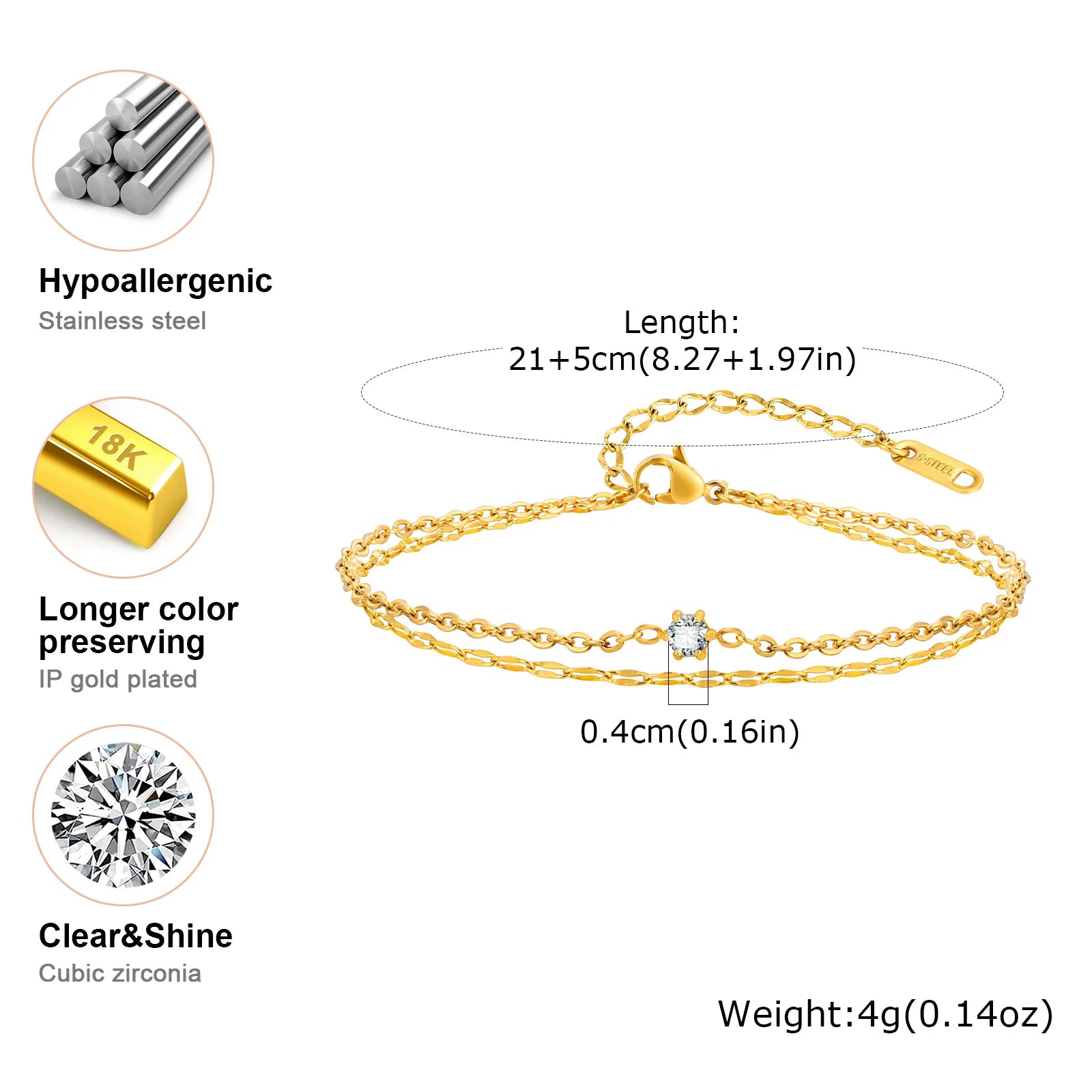 Waterproof Layered Anklet Bracelet for Women, Adjustable Gold Plated with Zirconia Stainless Steel Link Foot Chain Jewelry♥️