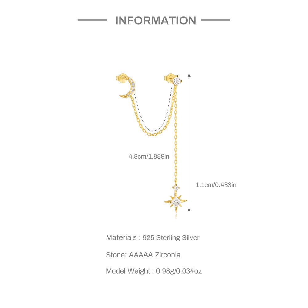 CANNER 1PC 925 Sterling Silver Tassel Chain Eight Pointed Stars Moon Earrings For Women Ins Horse Eye Geometric Zircon Earring♥️