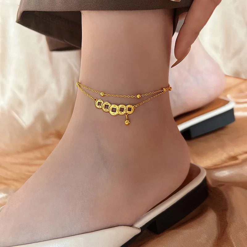 Stainless steel Coin Bell Pendant  Gold colour Anklet For Woman Fashion Ankle Jewelry Girl's Sexy Swimsuit Party Anklet
