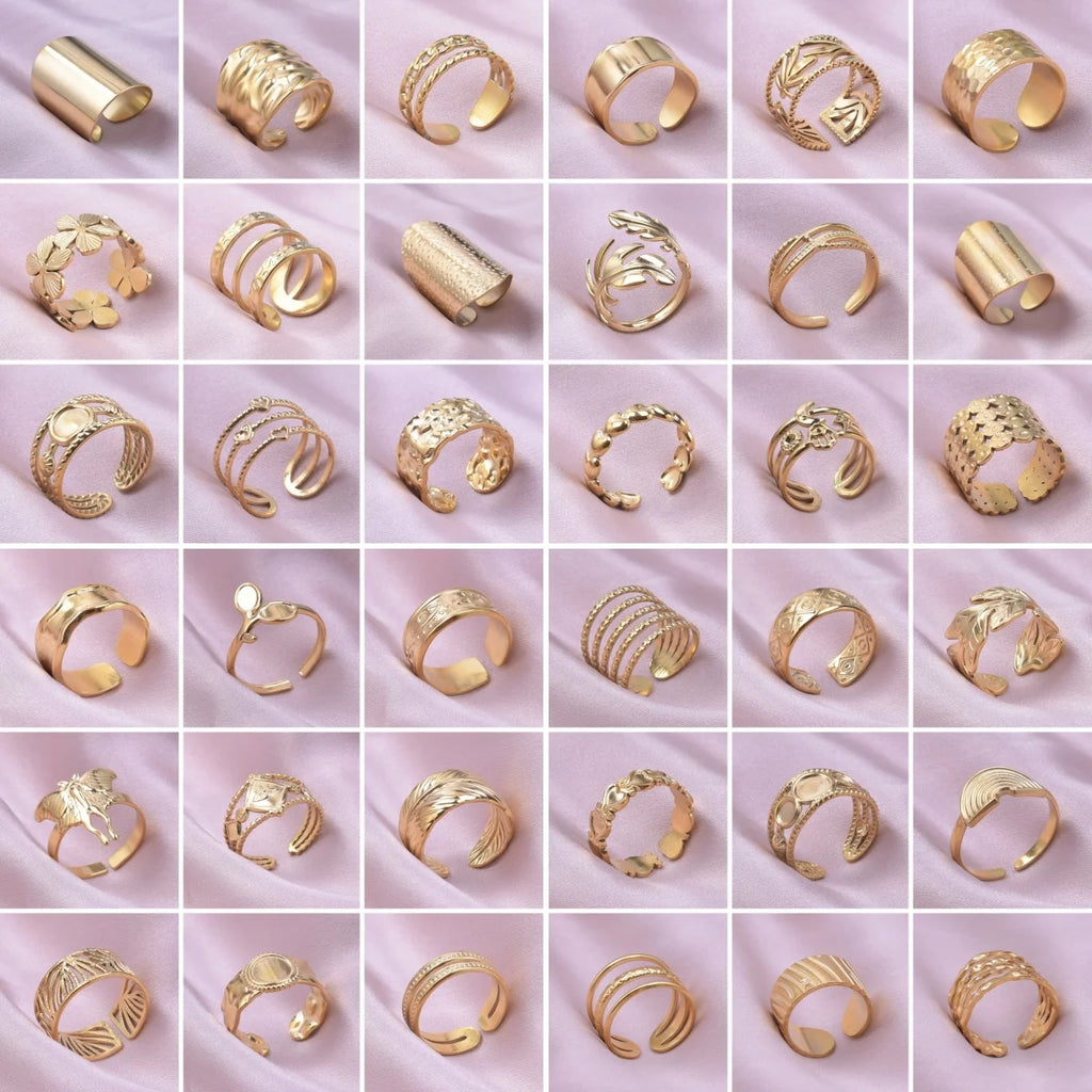 Chic 6pcs/lot Real Gold Color Wide Multi-layer Stainless Steel Ring Love Leaf Rainbow Rings Bulk Sale Women Jewelry Charms Gifts|with LUREA💛