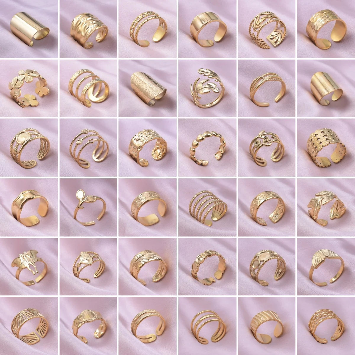 Chic 6pcs/lot Real Gold Color Wide Multi-layer Stainless Steel Ring Love Leaf Rainbow Rings Bulk Sale Women Jewelry Charms Gifts|with LUREA💛