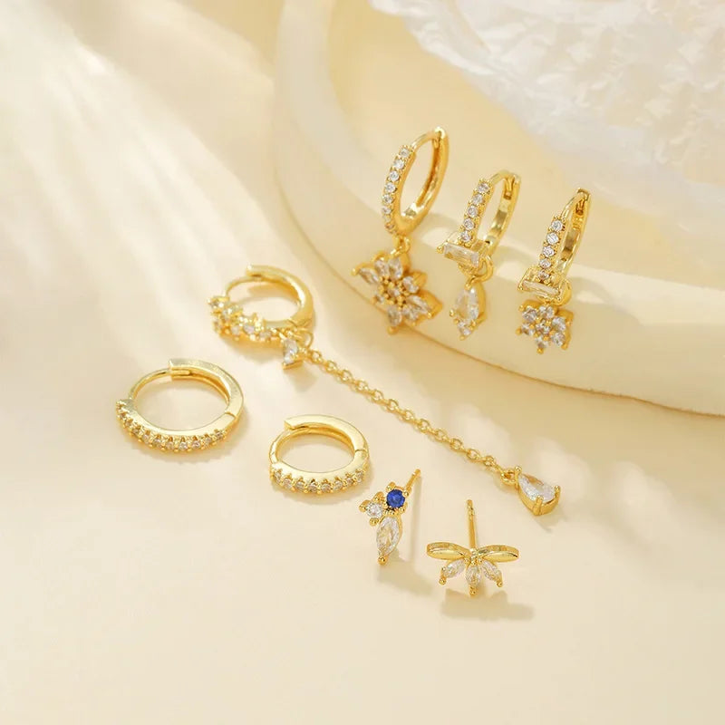 8pcs set Stainless Steel Water Drop Hoop Earrings For Women Cubic Zirconia Flowers Circle Cartilage Earring Piercing Jewelry☺️❤️