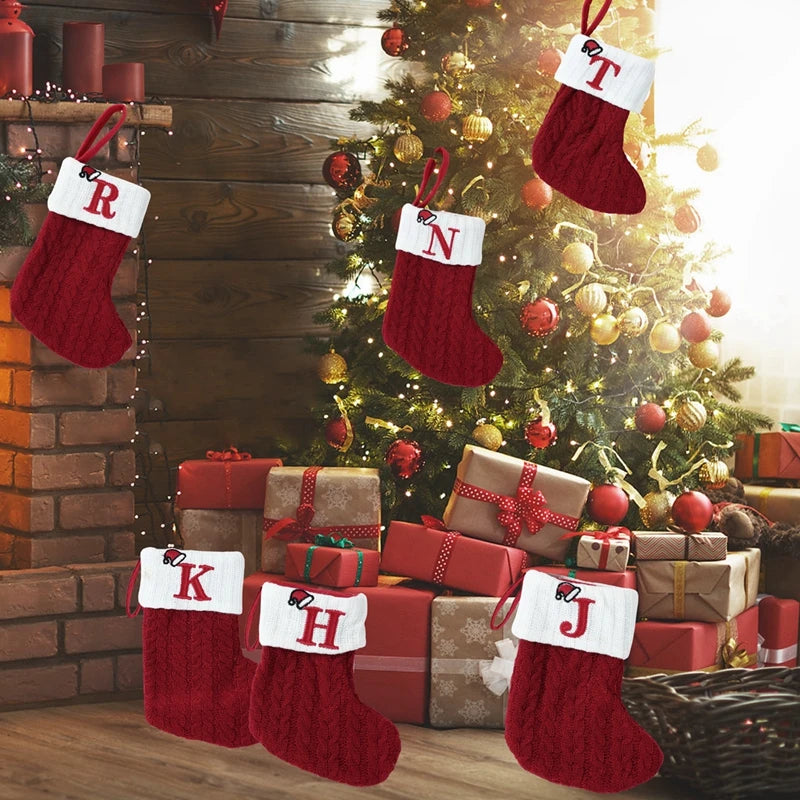 Letters Christmas Stocking New Knitting Christmas Tree Pendant Decorations For Home Xmas Gift Santa Hat Alphabet Christmas Socks