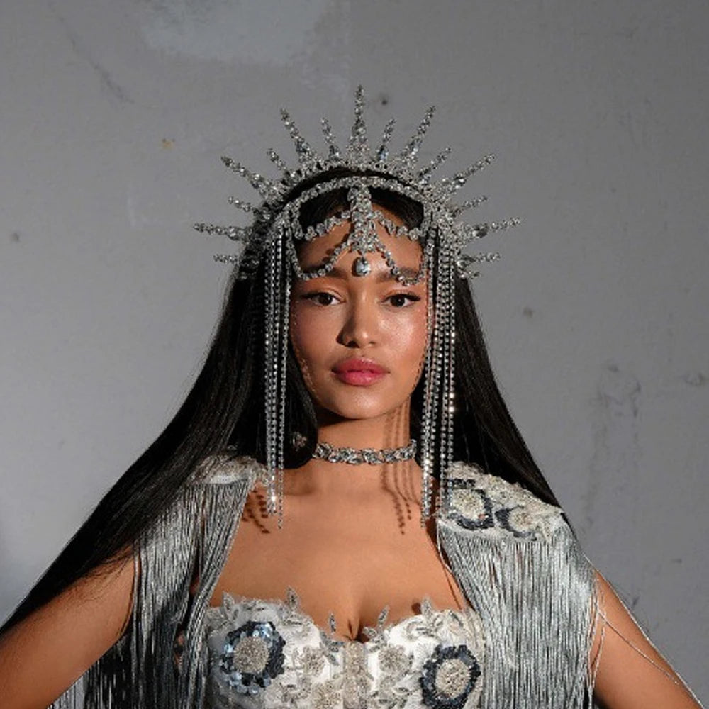 Drag Queen Tassel Hairband Crown Performance Head Accessories Ethnic Exaggerated Rhinestone Hair Chain Headpiece Party for Women