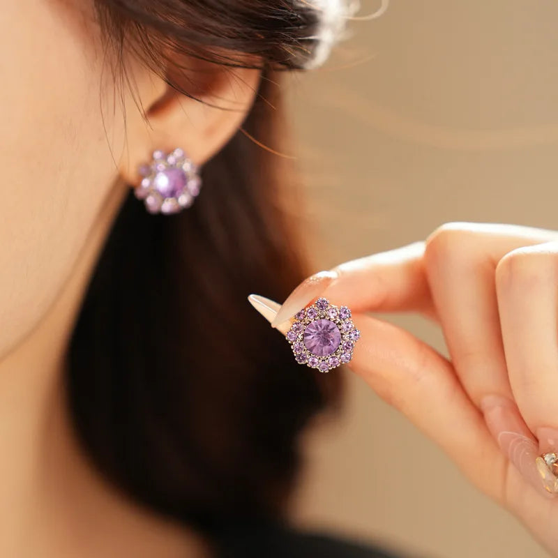 Purple Rhinestone Necklace Earrings Bracelet Set for Women Shiny Flower Choker Necklace  Luxury Wedding Bridal Jewelry Sets🌸