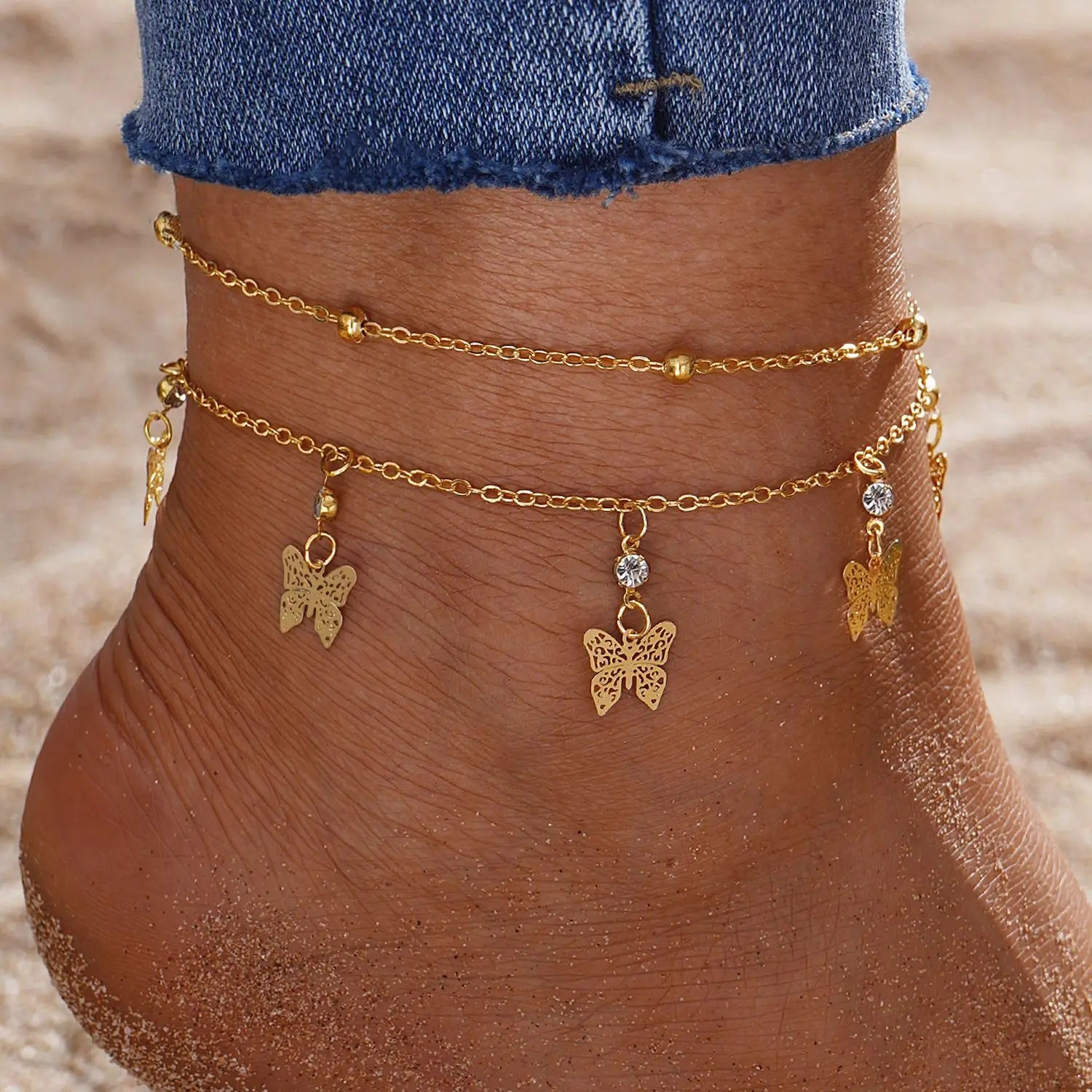 Gold Color Vintage Butterfly Anklet Set For Women Multilayers Adjustable Love Anklet Bracelet On Leg Foot Beach Jewelry❤️