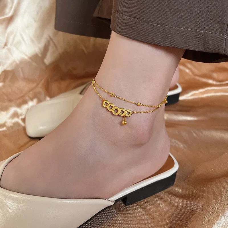 Stainless steel Coin Bell Pendant  Gold colour Anklet For Woman Fashion Ankle Jewelry Girl's Sexy Swimsuit Party Anklet🙈