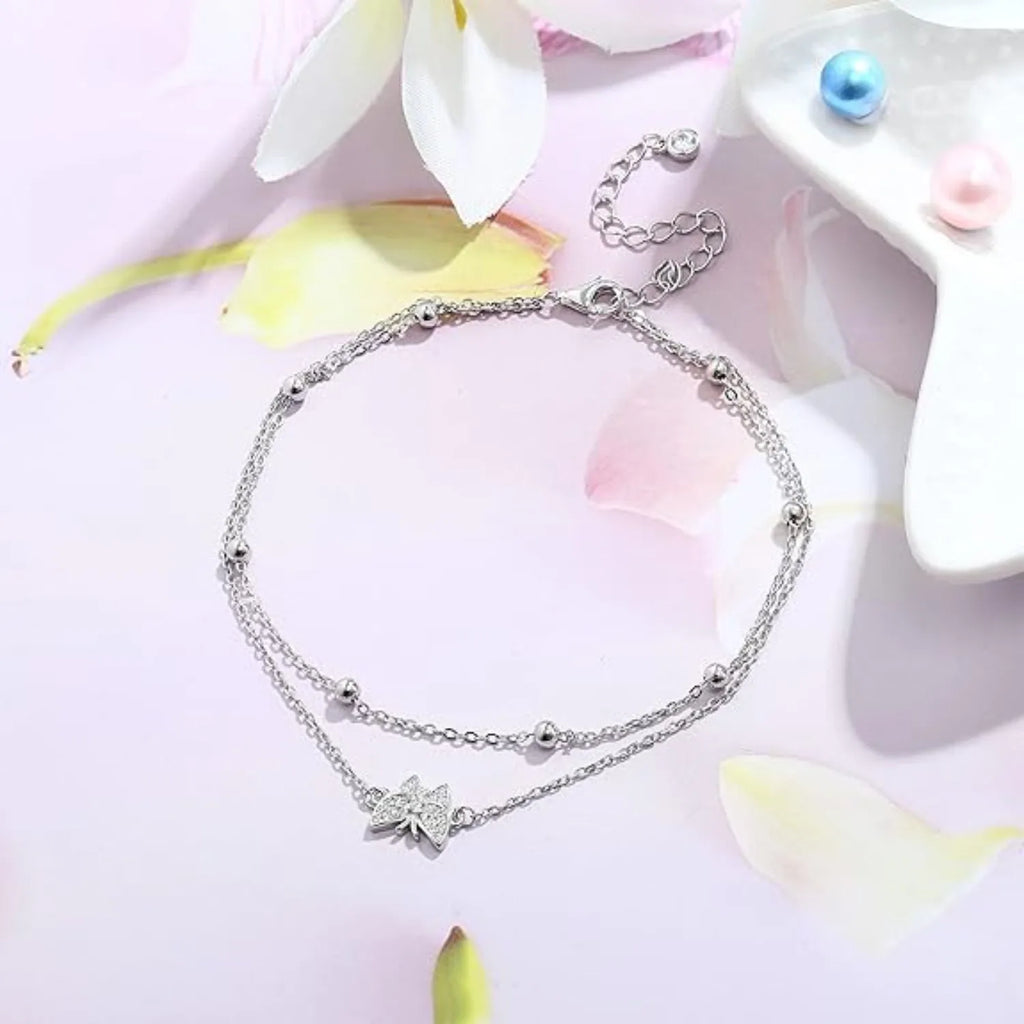 925 Sterling Silver Layered Ankle Bracelet for Women Chain Butterfly Heart Beaded Silver Anklet Adjustable Summer Beach Anklet♥️