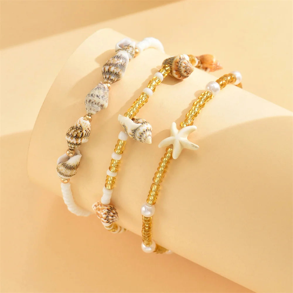 Cute Sea Star Shell Conch Pearl Anklets For Women 3pcs/Set Rice Beads Foot Chain Ankle Bracelet Beach Jewelry Summer Accessories🧡