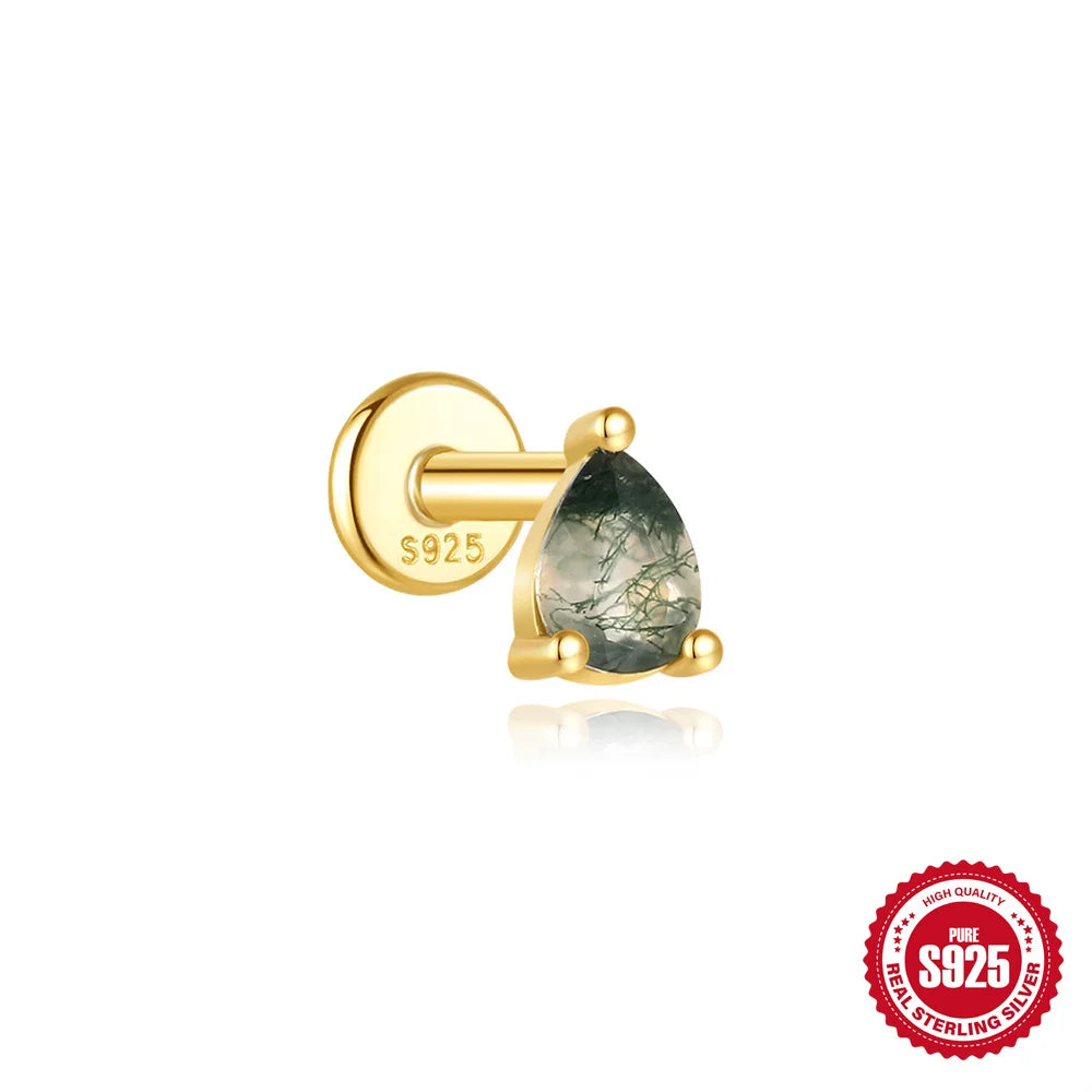 CANNER 1Pc 925 Silver Simple Horse Eye Natural Water Grass Round Surface Stud Earrings For Women 18K Gold Green Moss Ins Jewelry💚