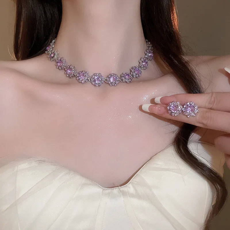 Purple Rhinestone Necklace Earrings Bracelet Set for Women Shiny Flower Choker Necklace  Luxury Wedding Bridal Jewelry Sets🌸