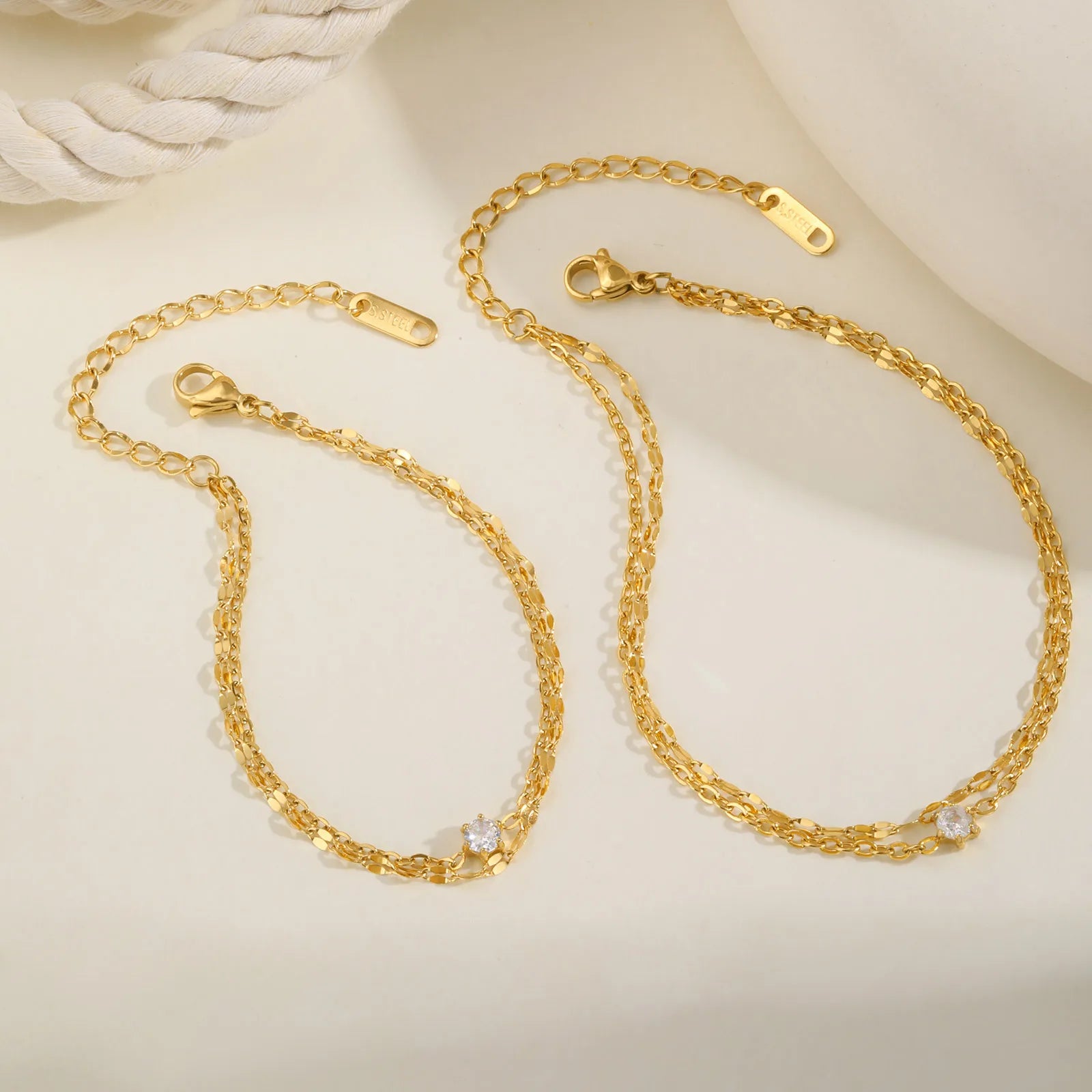 Waterproof Layered Anklet Bracelet for Women, Adjustable Gold Plated with Zirconia Stainless Steel Link Foot Chain Jewelry